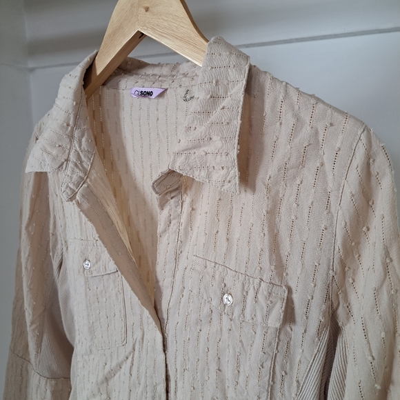 Cl sono | Beige - tan half sleeve women's casual v neck button blouse - Picture 4 of 11